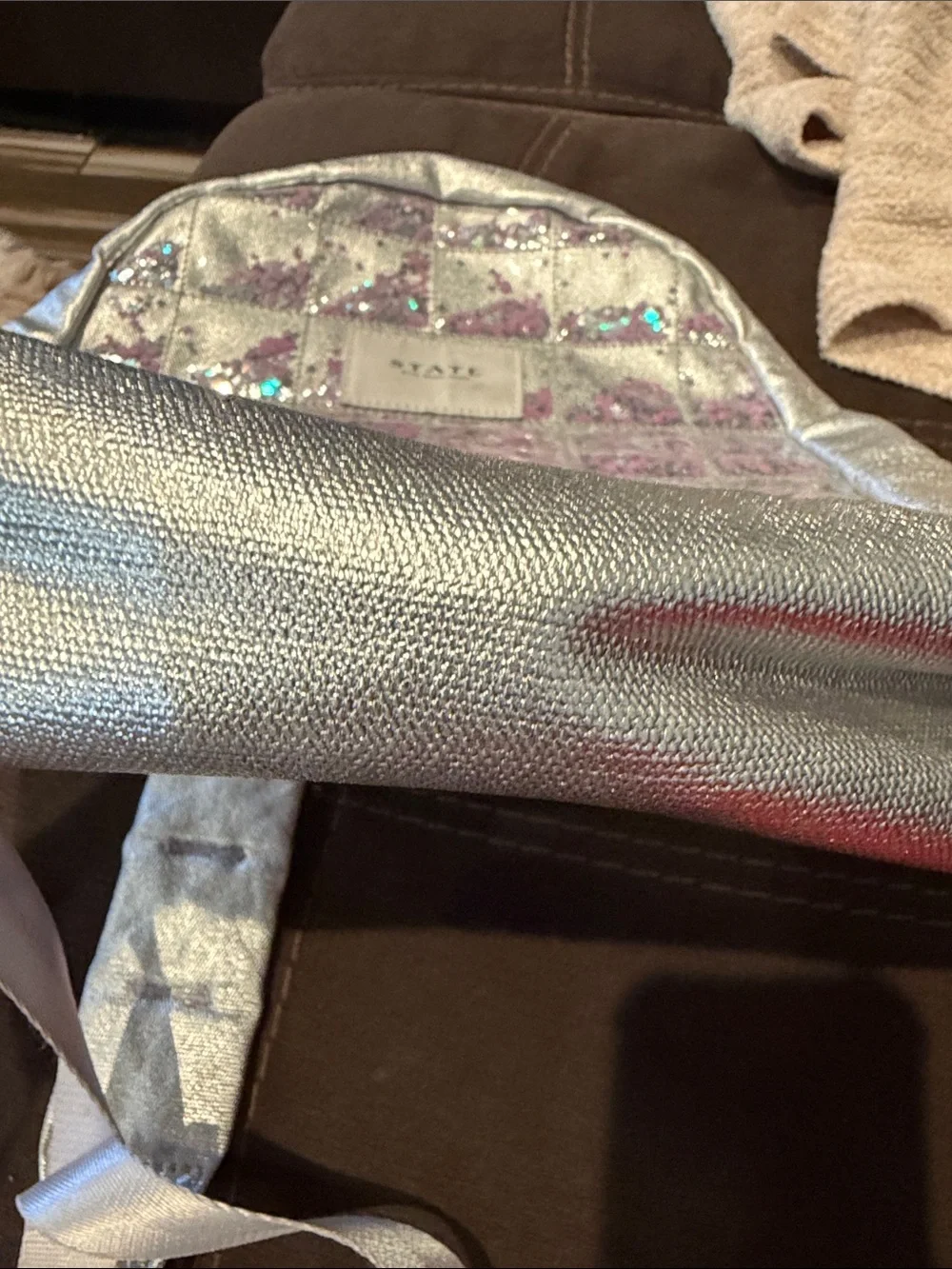 STATE Silver Backpack with Purple and Teal Star Glitter